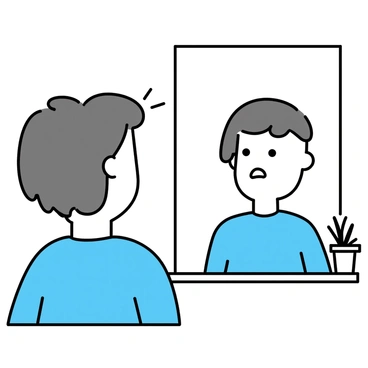 A person standing in front of a rectangular mirror, gazing intently at their reflection. The individual, with short brown hair and wearing a light blue shirt, appears calm and composed. However, the reflection in the mirror shows a look of surprise, with wide eyes and slightly parted lips. The background consists of a simple, light-colored wall and a small potted plant on a nearby shelf. The lighting creates soft shadows, highlighting the difference in emotions between the person and their reflection.
