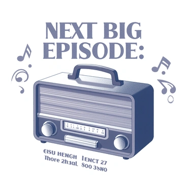 A vintage radio show poster prominently features a classic old-fashioned radio, with a wood finish and large dials on the front. The radio is positioned at the center of the poster. Above the radio, there are bold, eye-catching words that read "Next Big Episode:" outlined clearly for emphasis. Surrounding the radio, various decorative elements are included, such as musical notes and sound waves emanating from the speakers, creating a sense of movement. The bottom of the poster provides details on the show time and date in an elegant font.