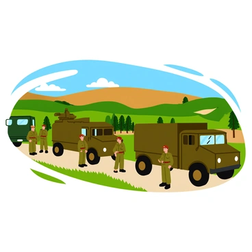 A vintage military transport convoy featuring several historical vehicles such as trucks and armored personnel carriers. The vehicles are painted in shades of olive green and brown, showcasing weathered textures that reflect their age. Soldiers in period-appropriate uniforms are stationed alongside the convoy, some standing and others inspecting equipment. The background includes a rustic landscape with rolling hills and patches of grass, evoking a historical reenactment atmosphere. A few trees are visible, and the sky is partly cloudy, adding to the authenticity of the scene.