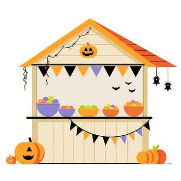 A seasonal kiosk with a wooden structure featuring a sloped roof, decorated for Halloween. The kiosk is adorned with orange and black bunting and hanging artificial cobwebs. Large bowls filled with colorful candy are placed on the counter, alongside pumpkin-shaped treats. Spooky decorations, including a carved pumpkin with a face, plastic bats hanging from the eaves, and artificial ghosts dangling from above, add to the festive atmosphere. The ground around the kiosk is scattered with fake leaves and small pumpkins.