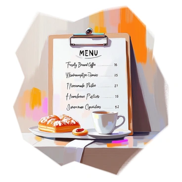 A cozy café menu displayed prominently on a rustic wooden board. The menu features a variety of items, including "Freshly Brewed Coffee," "Homemade Pastries," and "Seasonal Sandwiches." Each item is written in a chalk-style illustration font, adding a warm and inviting touch. Decorative elements like whimsical flourishes and hand-drawn illustrations of coffee cups and pastries surround the text, creating a friendly atmosphere. The background wood grain is visible, enhancing the overall rustic charm of the café setting.