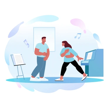 An instructor is standing next to a student in a music studio. The instructor is demonstrating a posture that emphasizes the use of the diaphragm, with one hand placed on their own abdomen. The student is following along, placing their hands on their stomach to feel the movement. Sheet music is visible on a music stand nearby, and a piano is positioned against the wall. The room is filled with soft, gradient pastel colors that blend harmoniously. A few musical notes float in the air, symbolizing the lesson taking place.