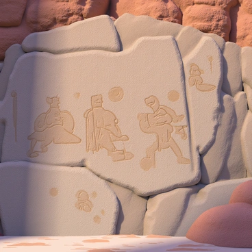 An ancient canyon wall is covered with stone carvings depicting arrows and hunters. The carvings feature intricate details of hunters, showcasing figures in various poses, some preparing to shoot arrows. The arrows appear in different designs, with sharp tips and fletchings, etched deeply into the weathered rock surface. The canyon wall is textured, with rough stone formations and subtle colors ranging from earthy browns to deep grays. Sunlight casts shadows on the carvings, enhancing their visibility and drawing attention to the historical significance of the imagery.