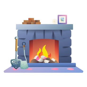 A set of decorative metal tools resting by a cozy fireplace