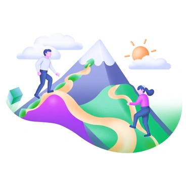 A modern pastel illustration depicting a mountain that symbolizes "salary growth." The mountain has various paths leading to the summit. Men are shown easily climbing these paths, depicted with confident expressions and smooth, wide trails beneath their feet. In contrast, women are represented climbing steeper, narrower paths, showcasing determination on their faces as they tackle the challenging terrain. The background features a bright sky with fluffy clouds, enhancing the theme of ambition and effort.