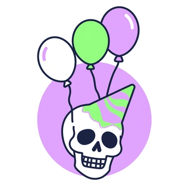 A cat skull is positioned prominently in the center of the image. It is adorned with various festive decorations, giving it a celebratory appearance. Attached to the skull are several balloons, each tied securely with colorful strings. The balloons of different shapes and sizes are floating above the skull, creating a sense of levitation. The background features a simple gradient, enhancing the visual focus on the cat skull and the balloons.