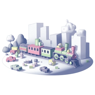 A landscape filled with various brightly colored toys, creating an imaginative scene. In the foreground, there are miniature cars, action figures, and building blocks scattered across the ground. A toy train runs through the scene, moving along a track that winds through the toy-filled landscape. The train is adorned with distinct features such as a smoke stack and brightly painted carriages. In the background, there are plush animals and oversized toy buildings, enhancing the playful atmosphere of the setting.