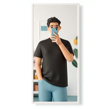 A person, wearing a casual black T-shirt and blue jeans, is taking a selfie in front of a large rectangular mirror. The mirror reflects the person's upper body while their phone is held high, obscuring their face. The background features a well-lit room with soft white walls, and there are a few colorful decorations visible, including a potted plant and a framed picture on the wall. The person's hair is styled casually, and they have a relaxed posture as they smile for the camera.