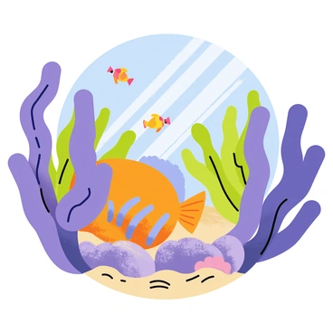 An angelfish with vibrant orange and blue stripes is resting in a hidden niche of a coral reef. The angelfish is partially concealed by soft, flowing sea anemones that are a mix of purple and green colors. The coral reef features various textures, including rough coral formations and sandy patches. Sunlight filters down from the surface, creating dappled light patterns on the reef. Surrounding the angelfish are small, colorful fish that dart playfully in the background.