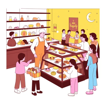 A warm yellow bakery interior is bustling with customers. People of various ages are gathered around glass display cases filled with an assortment of traditional Eid sweets, including colorful pastries and syrups. A cheerful baker in an orange apron stands behind the counter, serving a family who is eagerly pointing at the sweets. One child holds a small gift box filled with assorted treats, while another examines a pastry with wide eyes. The walls are adorned with festive decorations, adding to the lively atmosphere of the bakery.