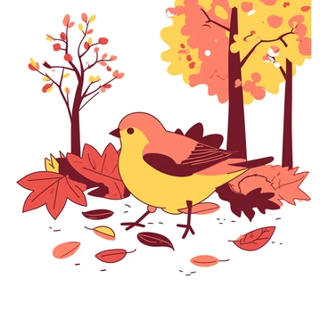 A yellow finch with a bright belly is hopping amidst orange and red autumn leaves scattered across the ground. The leaves are crisp and layered, creating a colorful carpet beneath the finch. The background shows blurred trees adorned with more vibrant leaves, enhancing the autumn scene. The finch's small feet leave tiny impressions on the ground as it searches for seeds among the foliage.