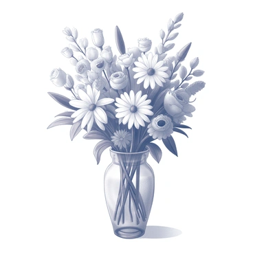 A clear glass vase filled with an assortment of mixed flowers. The bouquet includes various types of blooms such as roses, daisies, and lilies. The flowers are arranged in a balanced composition, with some stems longer than others, creating a dynamic and full appearance. The vase stands on a simple surface, allowing the focus to remain on the colorful display of petals and greenery.