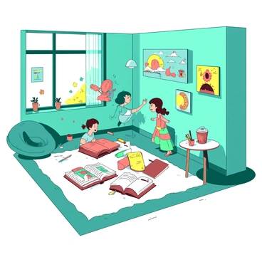 A teal children's playroom filled with brightly colored books scattered across a soft white carpet. Each book is open, and vibrant, animated characters are emerging from the pages, taking on various forms such as animals, fantastical creatures, and cheerful children. The walls are decorated with colorful murals depicting playful scenes. In one corner, a small white table holds art supplies, and a teal beanbag chair sits invitingly nearby. A large window allows warm sunlight to illuminate the space, highlighting the joyful atmosphere as the colorful forms dance around the room.