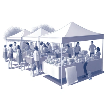 A busy outdoor market scene filled with various vendors. Each stall features a variety of handmade goods, including woven baskets, pottery, and artisanal crafts. Some vendors display fresh organic produce, like vegetables and fruits, neatly arranged on tables. Shoppers browse the stalls, examining items and engaging in conversation. The atmosphere is lively with people moving between the stands, while a few children are playing nearby. In the background, there are trees providing shade and the sky overhead is clear.