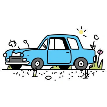 An old, rusted car with a faded blue exterior is parked in a gravel driveway. The car's windows are cracked, and its tires are flat. Surrounding the vehicle, tall green weeds and wildflowers are growing, encroaching on the edges of the car and the driveway. The scene is illuminated by soft sunlight filtering through nearby trees, creating dappled shadows on the ground.