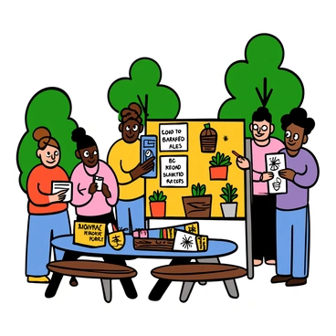 A group of diverse community members gathered in a park, surrounded by trees and picnic tables. They are collaborating to organize a raffle for a neighborhood project. One woman with light skin and big eyes is writing on a notepad, while a man with dark skin and big eyes is holding a large stack of colorful raffle tickets. Another member, a middle-aged woman with brown skin and big eyes, is pinning flyers onto a bulletin board. A young man with light skin and big eyes is setting up a table with various prizes displayed, such as plants, gift baskets, and local artworks. Everyone is smiling and engaged, showcasing a sense of teamwork and community spirit.