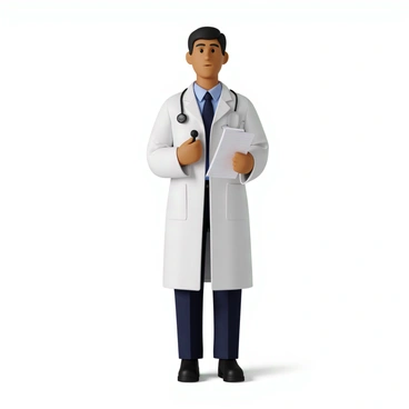 A doctor with light skin stands confidently, wearing a traditional white coat that reaches just above the knees. The coat has a notched collar and is buttoned up at the front. Underneath, the doctor wears a light blue dress shirt and a dark tie. The doctor has neatly styled hair and is holding a stethoscope in one hand, while the other hand is resting on a clipboard filled with patient notes. The doctor is positioned against a neutral background that suggests a medical office environment.
