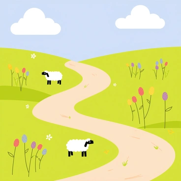 A winding dirt trail extends through a vibrant meadow, surrounded by lush green grass. On either side of the trail, clusters of colorful wildflowers in shades of yellow, red, and purple sway gently in the breeze. Several fluffy white sheep are scattered throughout the scene, some grazing on the grass while others rest peacefully. The sky above is bright blue with a few fluffy white clouds drifting by, creating a serene and inviting atmosphere.