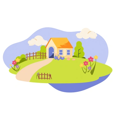 A floating island with a lush green landscape in a clear blue sky. The island features a cozy wooden cottage with a thatched roof, surrounded by vibrant, colorful flowers in various shades of red, yellow, and purple. A gentle breeze ruffles the petals of the flowers, and a small wooden fence encloses the garden area around the cottage. Fluffy white clouds drift lazily in the background, enhancing the idyllic atmosphere of the scene.