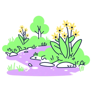A cluster of "pissenlit flowers" is growing along the banks of a "gently flowing river." The flowers display their characteristic yellow blooms, interspersed with lush green leaves. The river is bordered by vibrant greenery, with gentle ripples reflecting the light. Small pebbles and rocks are visible in the water, along with patches of grass along the shoreline. In the background, a few trees provide a natural frame to the scene.