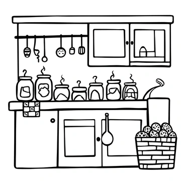 A rustic kitchen featuring wooden cabinets and a stone countertop. Several jars of homemade "strawberry jam" are arranged neatly on the counter, with some jars still giving off steam. A checkered cloth is draped beside them, and a wooden spoon rests next to the jars. Various kitchen utensils hang on the wall, and a basket filled with fresh strawberries is placed nearby. The overall atmosphere conveys a sense of warmth and coziness.