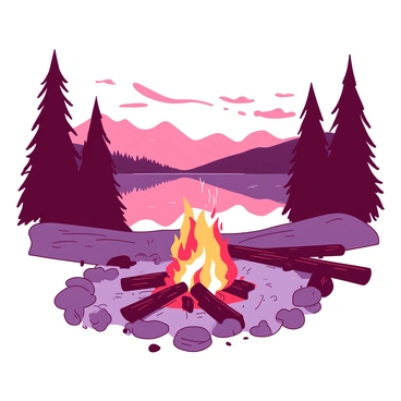 A red campfire crackles brightly in the foreground, surrounded by a circle of gray stones. The flames dance and flicker, casting a warm glow on nearby wooden logs arranged for seating. In the background, a tranquil mountain lake reflects the colors of dawn. The water is still, with hints of orange and pink hues emerging in the sky above. Tall pine trees frame the scene, their silhouettes contrasting against the soft light. Wisps of mist rise from the lake, creating an ethereal atmosphere around the calm waters.