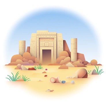 Remnants of an ancient civilization are partially buried in golden sands of the Sahara Desert. The ruins include a large stone structure with intricate carvings on the façade, showcasing faded symbols and patterns. Half-buried columns rise from the sand, their weathered surfaces hinting at the passage of time. In the foreground, scattered pottery shards and relics protrude from the sand, while tufts of dry grass and sparse vegetation surround the site. The sky above is a clear blue, illuminating the scene with bright sunlight.