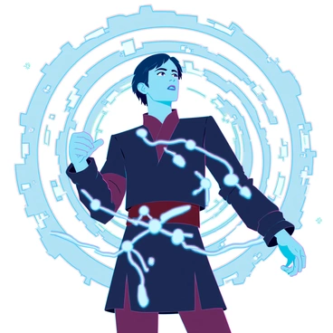 Anakin Skywalker, a young man with short dark hair and a serious expression, is standing in a dynamic pose. He is surrounded by swirling celestial lights in various colors, creating an otherworldly atmosphere. His eyes are wide open, reflecting a deep sense of wonder and intensity as he experiences a mystical force vision. Ethereal patterns of light and energy dance around him, illuminating his figure and creating a halo effect. In the background, faint outlines of distant stars and galaxies are visible, enhancing the cosmic feel of the scene.