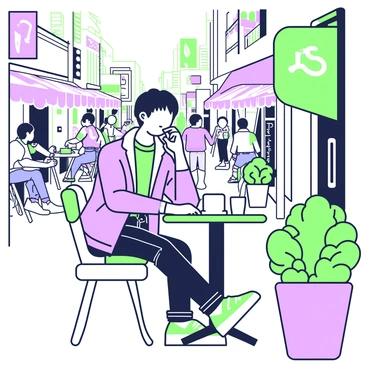 Ayanokoji is sitting at a small table outside a bustling sidewalk cafe. He is wearing a casual outfit, which consists of a light jacket over a shirt and dark jeans. In front of him, there is a white cup of coffee placed on a saucer. He is relaxed, taking a sip while observing the lively street around him. People are walking by, some engaged in conversation, while others are seated at nearby tables enjoying their drinks. A few potted plants add a touch of greenery around the cafe area. The atmosphere is vibrant and energetic, with the sun casting soft shadows on the sidewalk.