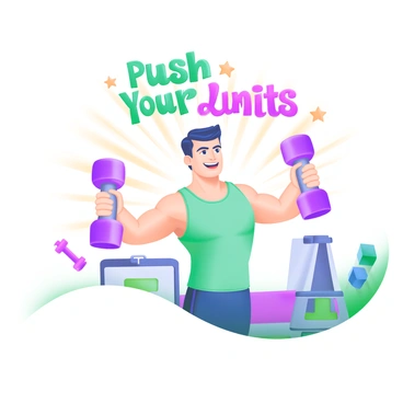 A motivational poster featuring a person performing lateral raises with weights in each hand. The individual is positioned in a gym setting, showcasing a strong posture with focused facial expression. Bright, dynamic colors create an uplifting atmosphere. Above the figure, in bold, motivational typography, are the words "Push Your Limits" surrounded by rays of light. The background includes subtle hints of gym equipment like dumbbells and a yoga mat, enhancing the fitness theme.