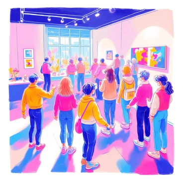 A group of diverse people is exploring a virtual reality art exhibit. They are wearing futuristic headsets that cover their eyes and ears. The gallery features sleek, modern lines and is filled with bright, colorful artwork displayed on the walls. Some visitors are reaching out to interact with virtual art pieces, while others are observing the vibrant visuals around them. The floor is polished, and large windows provide natural light, enhancing the atmosphere of the space.