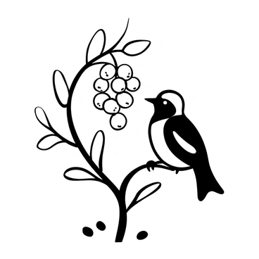 A cedar waxwing perched on a branch with its wings tucked close to its body, observing a cluster of brightly colored berries resembling candy. The berries hang from the branch, plump and enticing, with a few scattered on the ground below. The branch is slender, adorned with delicate leaves that frame the scene. The waxwing's feathers are sleek and well-groomed, showcasing its distinctive shape and markings.