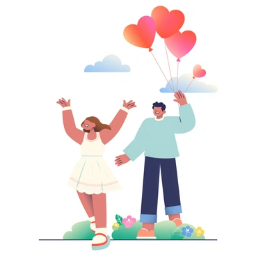 A couple is standing side by side, both smiling as they release a cluster of "red heart-shaped balloons" into the sky. The woman has long brown hair and is wearing a "white dress" with delicate lace details. She has her arms lifted as she lets go of several balloons. The man, with short black hair, is dressed in a "light blue shirt" and dark jeans, holding onto a few balloons as they float upwards. In the background, the sky is a soft blue with a few fluffy white clouds. The setting is a park with "green grass" below and colorful flowers blooming around them, capturing the essence of Valentine's Day.