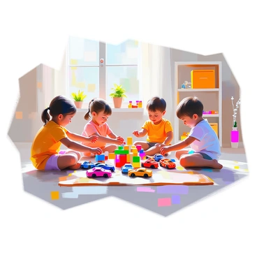 A group of children of diverse ethnic backgrounds is playing together in a bright, colorful room filled with various toys. Some children are building with blocks, while others are arranging toy cars in rows. Each child is engaged in their activity, demonstrating collaboration as they create sets of toys that illustrate equivalent ratios. For instance, one child has three toy cars, while another has six, showing the 1:2 ratio. In the background, there are shelves filled with more toys, and a large window lets in ample natural light, creating a cheerful atmosphere.