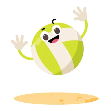 A cartoonish 3D volleyball with a smiling face, large expressive eyes, and small arms raised in excitement. The volleyball is positioned in a dynamic stance, leaning slightly forward as if preparing to be served. Its surface features traditional white and green panels, adding to the playful appearance. The background shows a sandy beach and a bright blue sky, enhancing the lively atmosphere of beach volleyball.