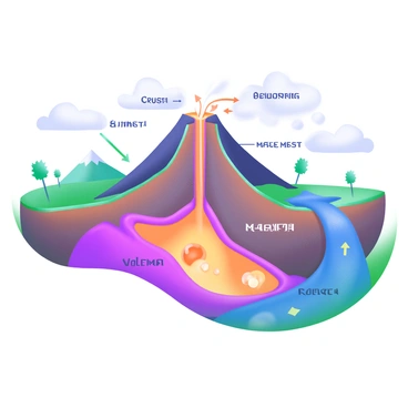 A detailed cross-section diagram of a volcano showcasing its internal structure. The diagram includes labeled layers such as the crust, magma chamber, and vent. Surrounding the volcano are various geological features like surrounding land and a river. Additionally, there are illustrations of molten lava and gas bubbles inside the magma chamber, along with arrows indicating the flow of magma towards the surface. The background displays a gradient to illustrate depth and elevation.