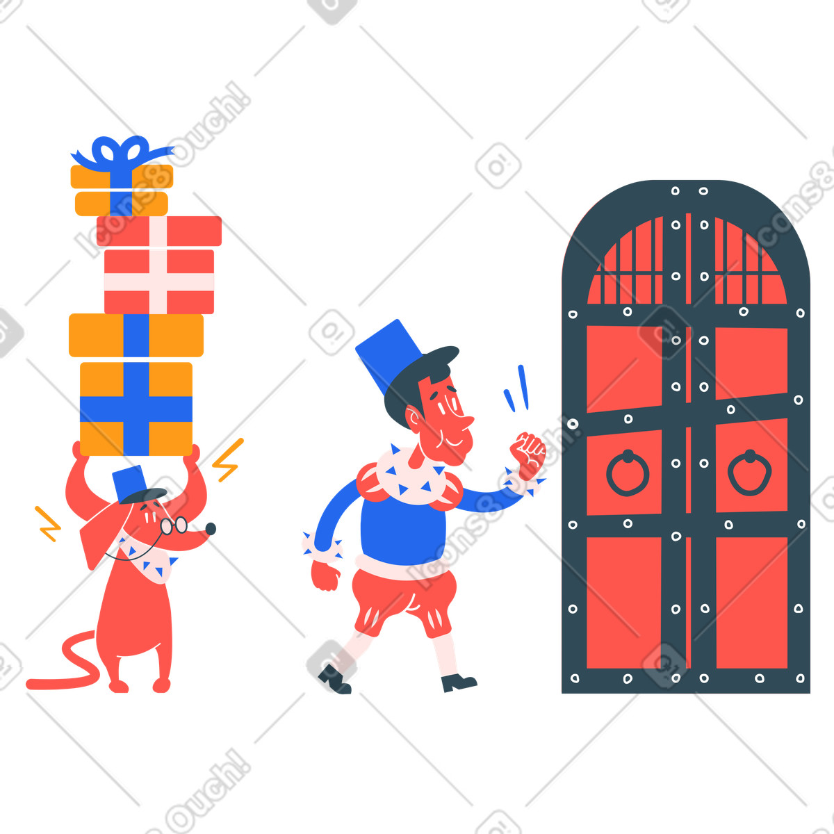 Deliveryman knocking on castle door to deliver presents illustration in Kingdom style download in PNG, SVG