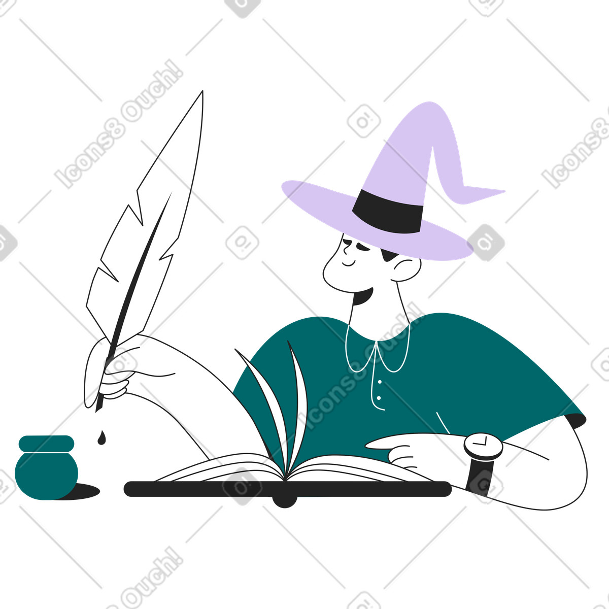 Boy in a hat writes book illustration Sammy Line style download PNG, SVG