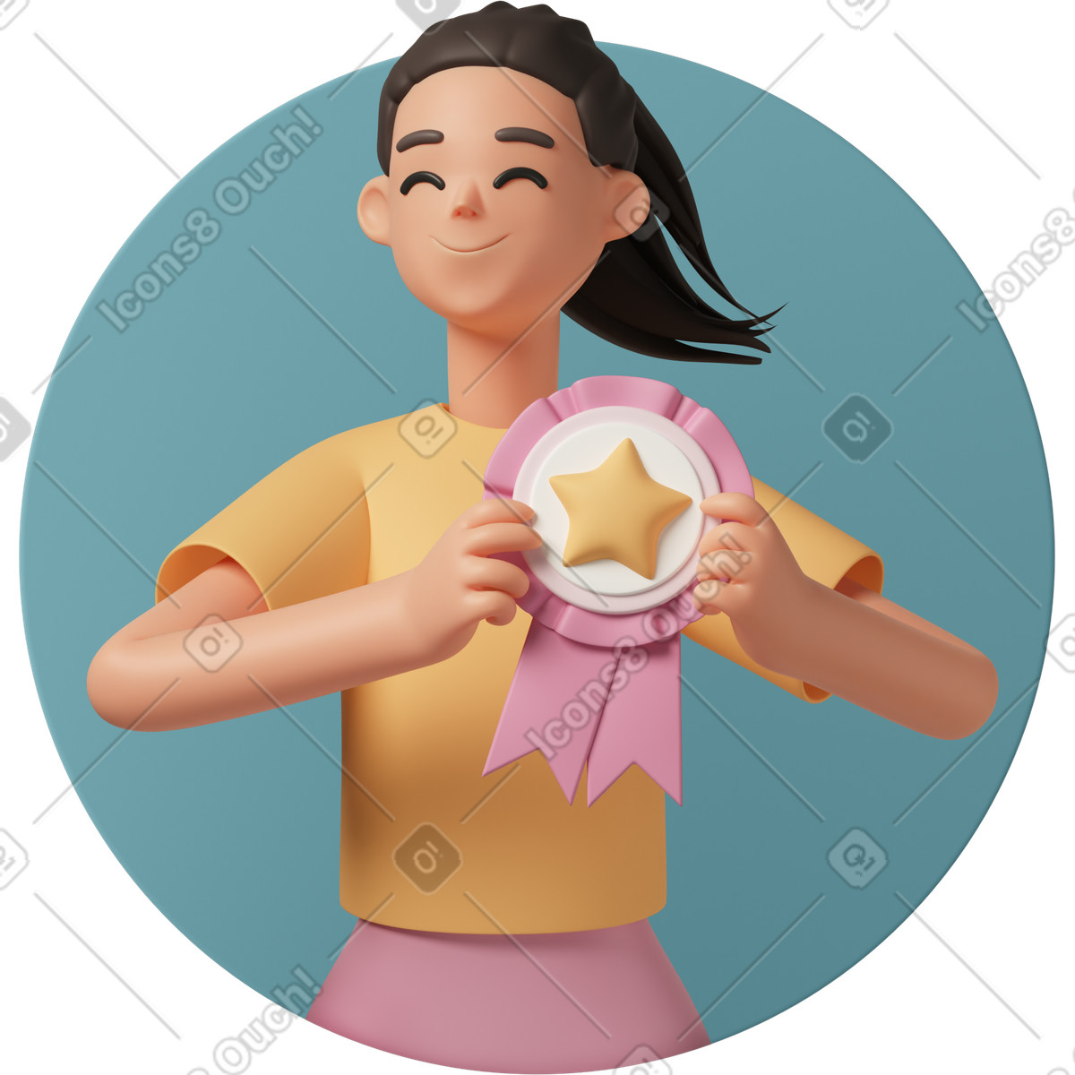 Girl winner holding medal in hands illustration 3D Casual life style download PNG, SVG