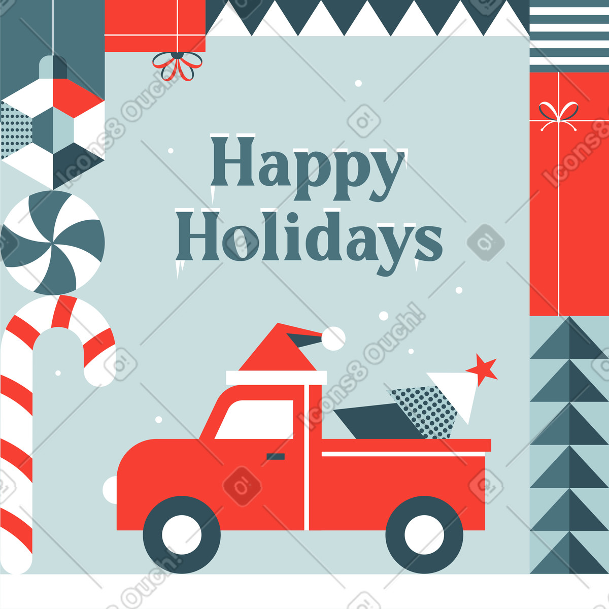 Nordic スタイルの 赤い車と「happy holidays」の文字が描かれたポストカード のイラストをPNG、SVG形式でダウンロード