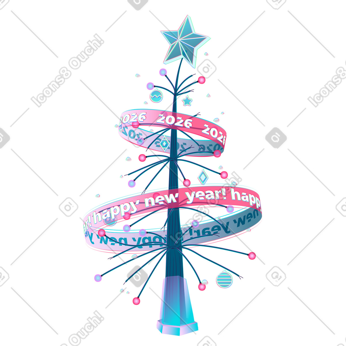 Neon スタイルの 「happy new year 2026」の文字が入ったサイバークリスマスツリー のイラストをPNG、SVG形式でダウンロード