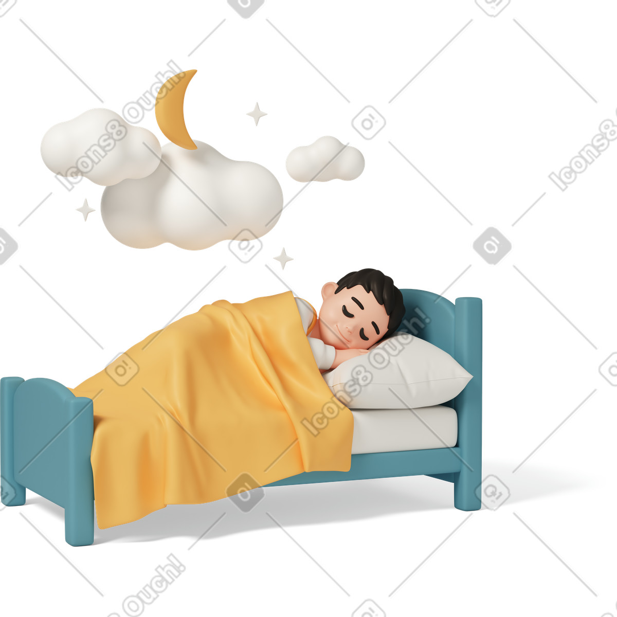Child sleeping in cozy bed with moon and clouds, bedtime routine sleep habits illustration 3D Casual life style download PNG, SVG