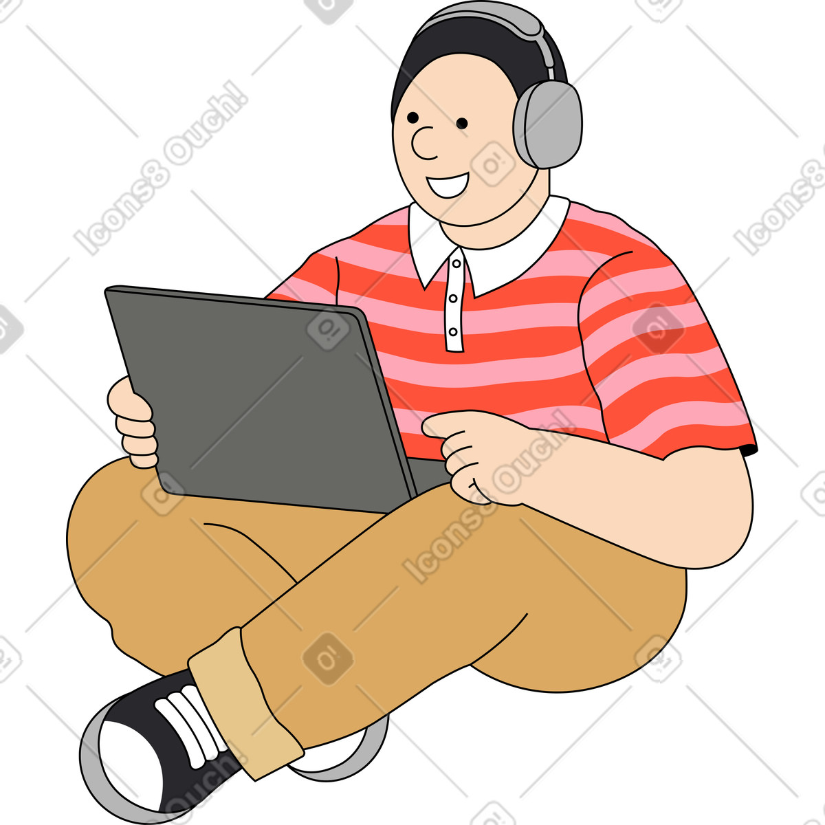Junger mann sitzt mit laptop-Illustration im Kindy-Stil als Download in PNG, SVG