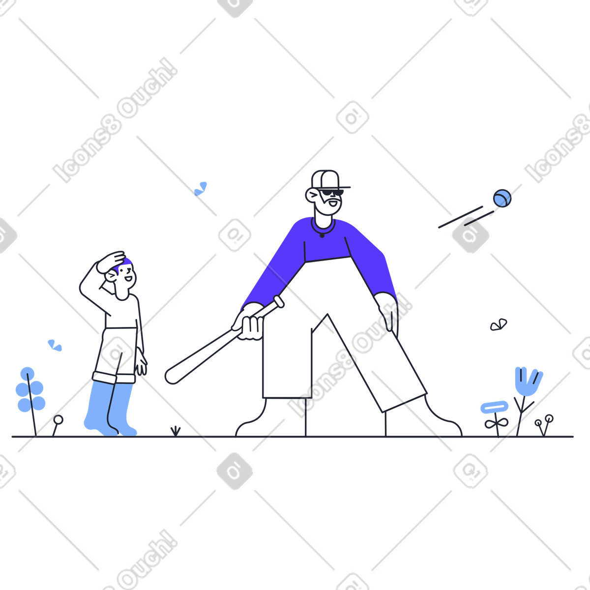 Ilustración Niño viendo a su padre jugar béisbol en estilo Pablita descargar en PNG y SVG