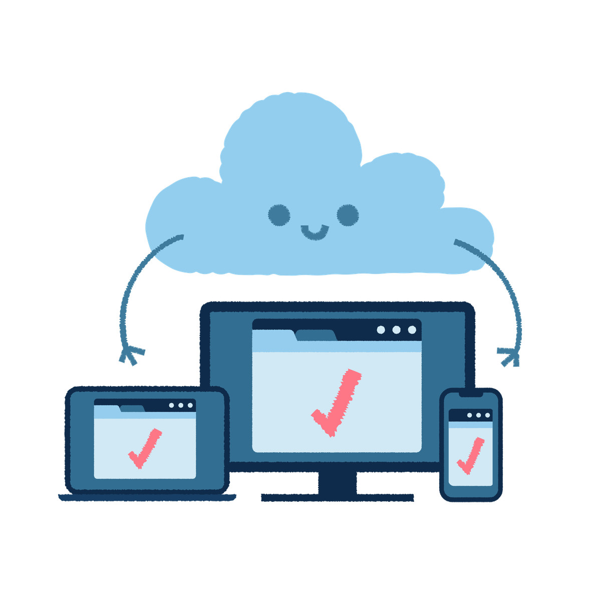 Devices connecting to saas through the cloud illustration in PNG, SVG