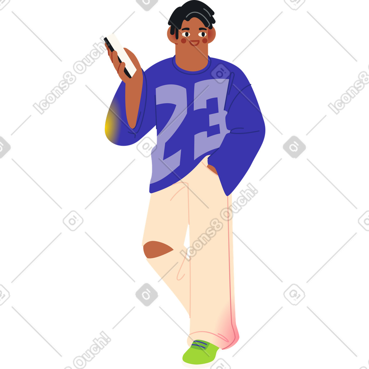 Ilustración Hombre caminando y levantando la mano con el teléfono en estilo Fizzy a descargar en PNG SVG