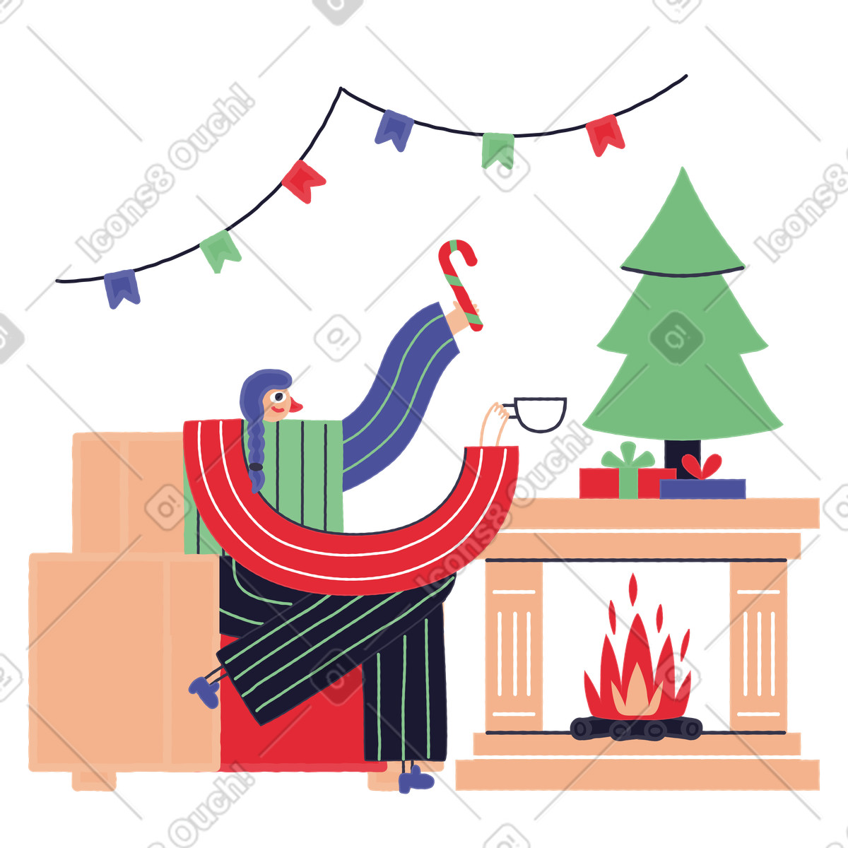 Illustration Femme célébrant noël près d'une cheminée décorée dans le style Stripy à télécharger aux formats PNG, SVG
