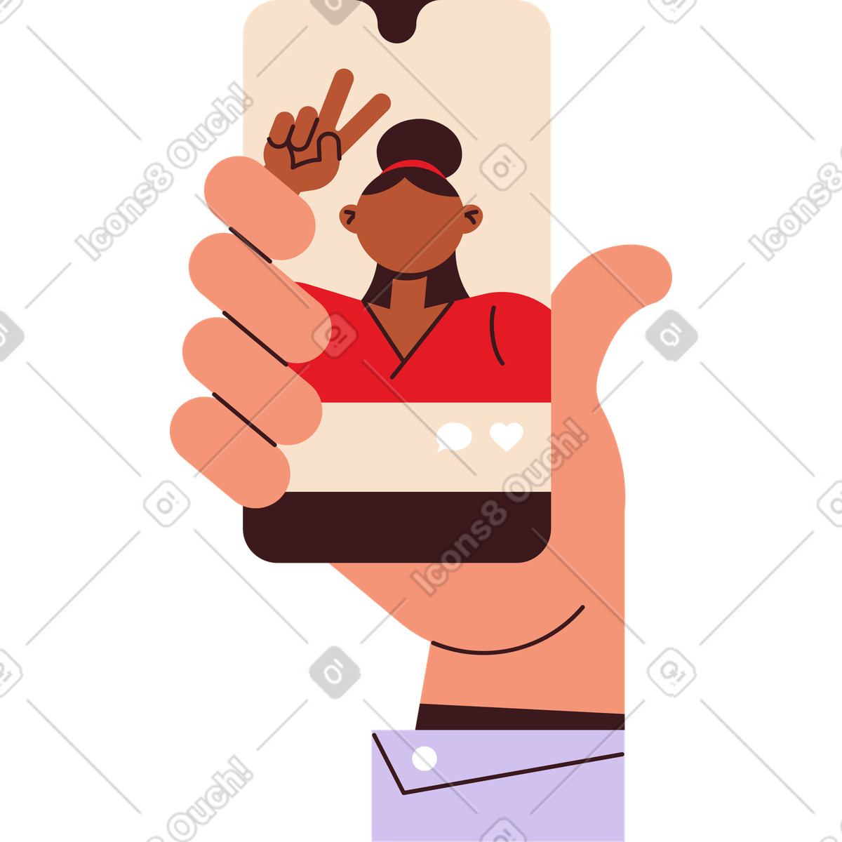 Ilustración Mano sosteniendo un teléfono móvil con una foto de mujer en estilo Folks a descargar en PNG y SVG