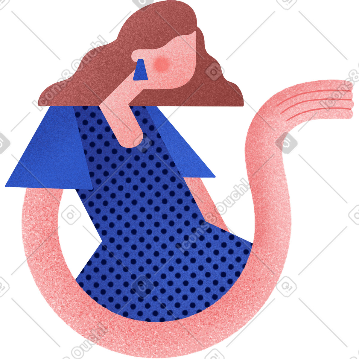 Girl with brown hair in a blue dress holds her hand out front of illustration Willowy style download PNG, SVG