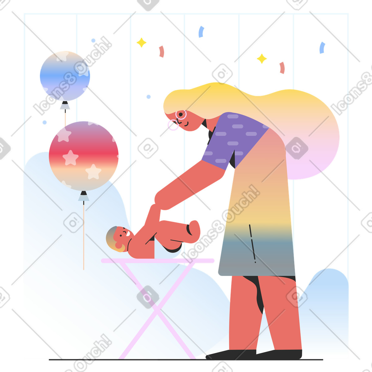 Illustration Une mère avec son enfant à fête de naissance dans le style Marginalia télécharger aux formats PNG, SVG